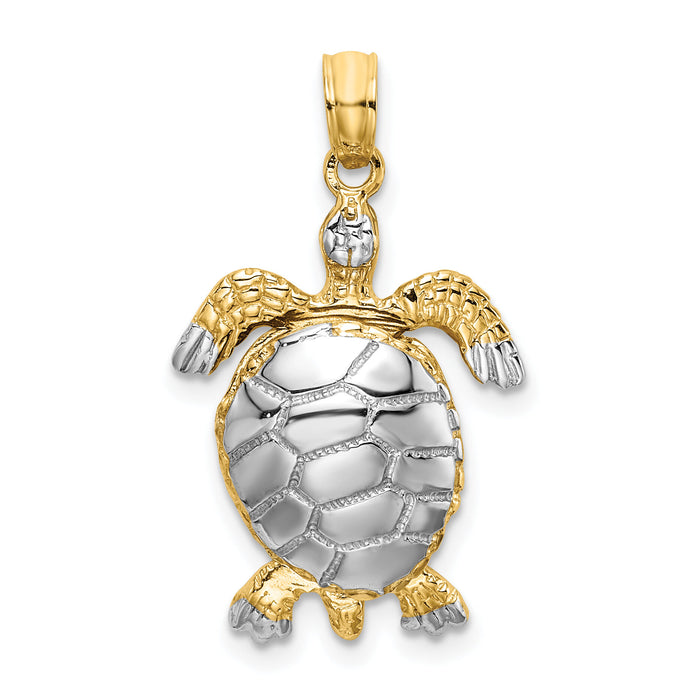 14K with White Rhodium Polished 3-D Moveable Sea Turtle Charm-K9266