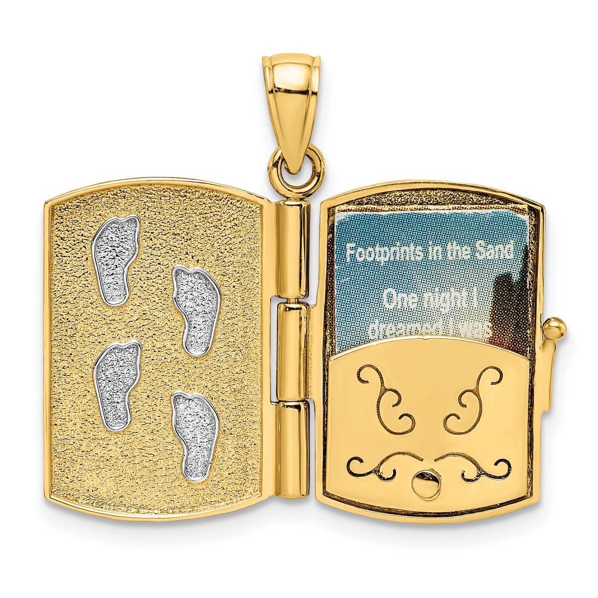 14K w/Rhodium 3-D Footprints Book W/ Prayer Inside Charm-K9271