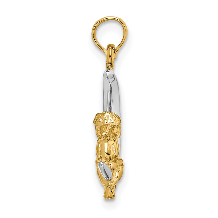 14K w/Rhodium 3-D Angel on Moon Charm-K9273