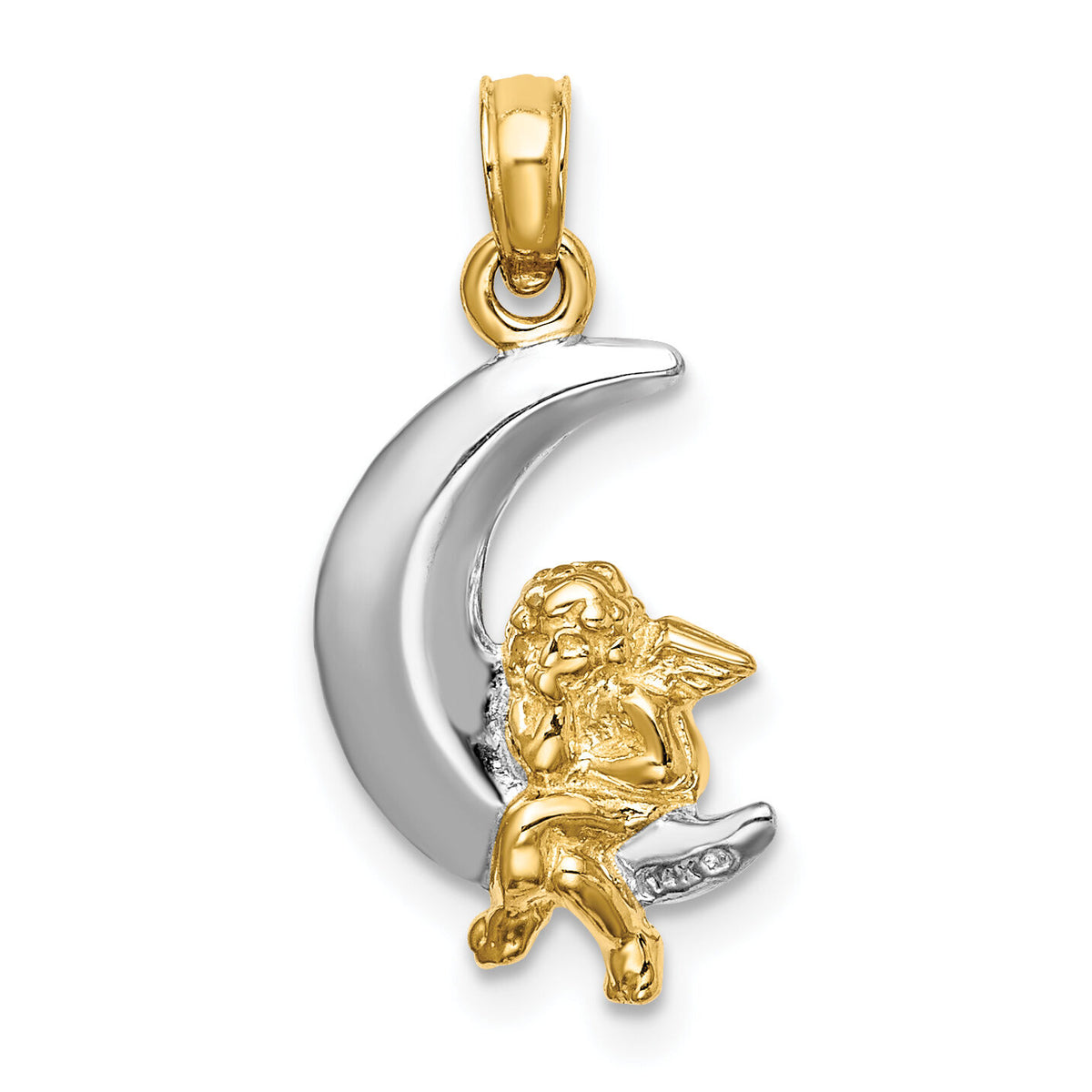 14K w/Rhodium 3-D Angel on Moon Charm-K9273