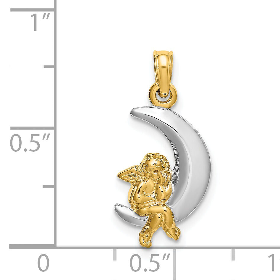 14K w/Rhodium 3-D Angel on Moon Charm-K9273