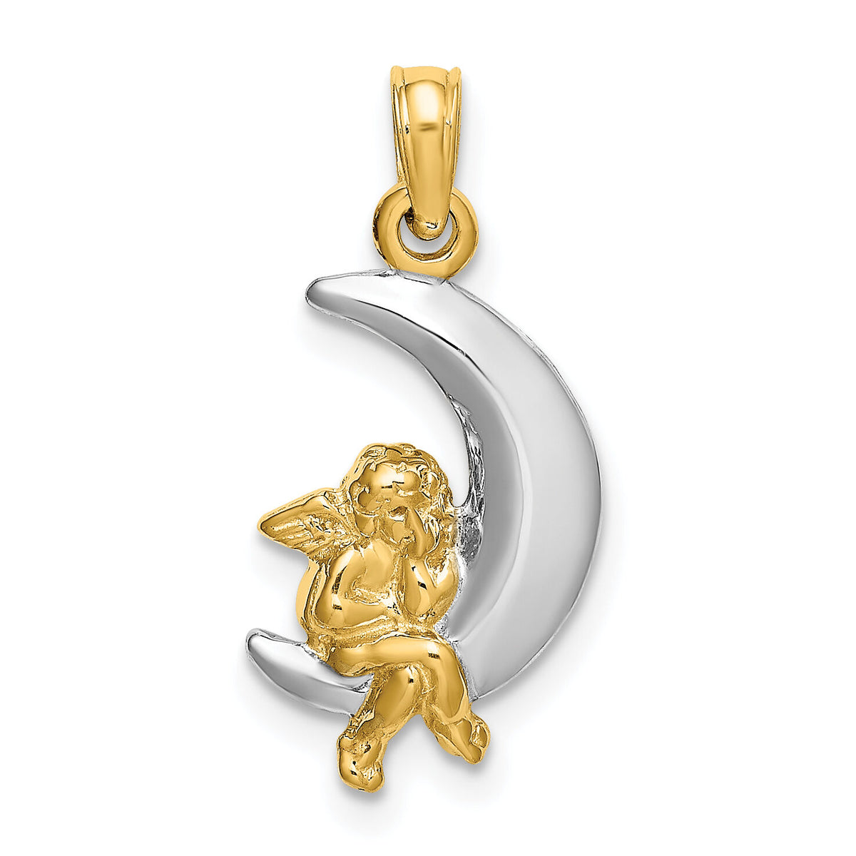 14K w/Rhodium 3-D Angel on Moon Charm-K9273