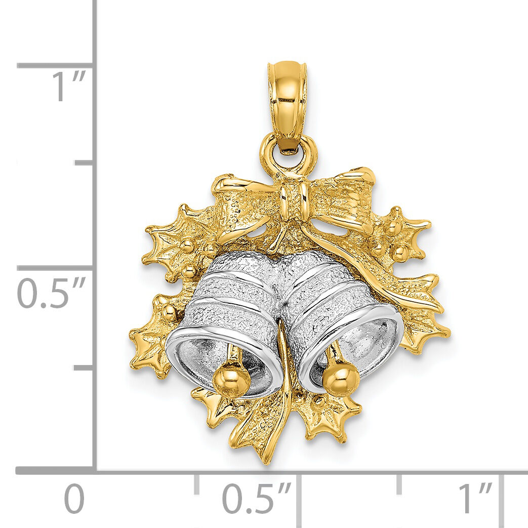 14k Two-Tone 3-D Christmas Bell and Holly Charm-K9278