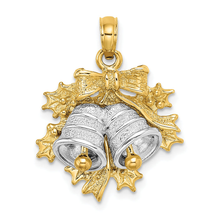 14k Two-Tone 3-D Christmas Bell and Holly Charm-K9278