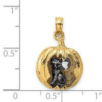 14k w/Rhodium 3-D Jack-o-Lantern w/Enameled Black Cat and Moon Charm-K9289