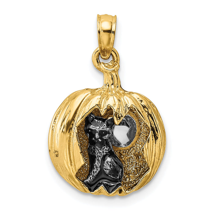 14k w/Rhodium 3-D Jack-o-Lantern w/Enameled Black Cat and Moon Charm-K9289