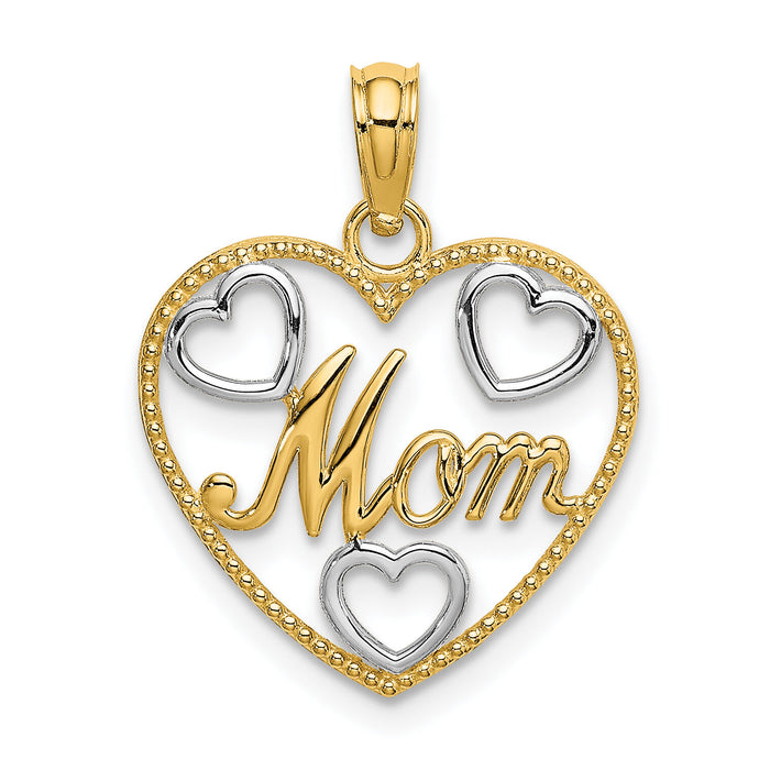 14k with White Rhodium Textured MOM Heart Charm-K9294