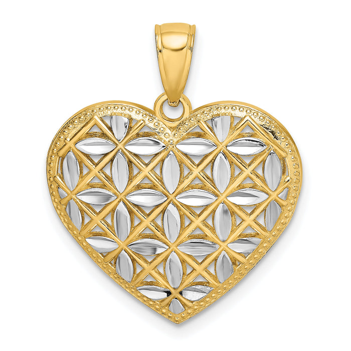 14k w/Rhodium Diamond-cut Leaves In Heart Charm-K9298