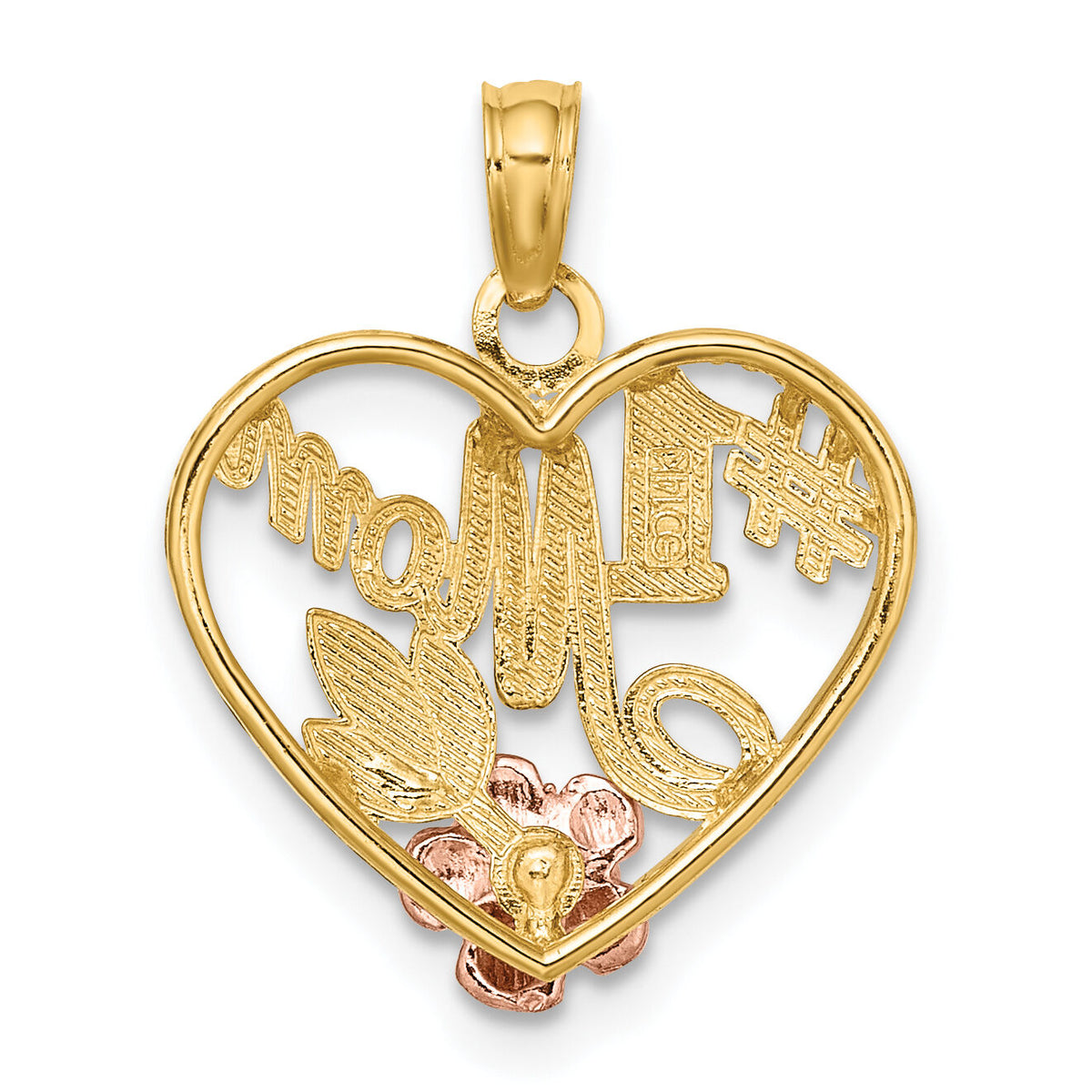 14k Two-tone White Rhodium Textured #1 Mom Heart Charm-K9300