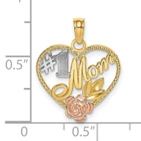 14k Two-tone White Rhodium Textured #1 Mom Heart Charm-K9300