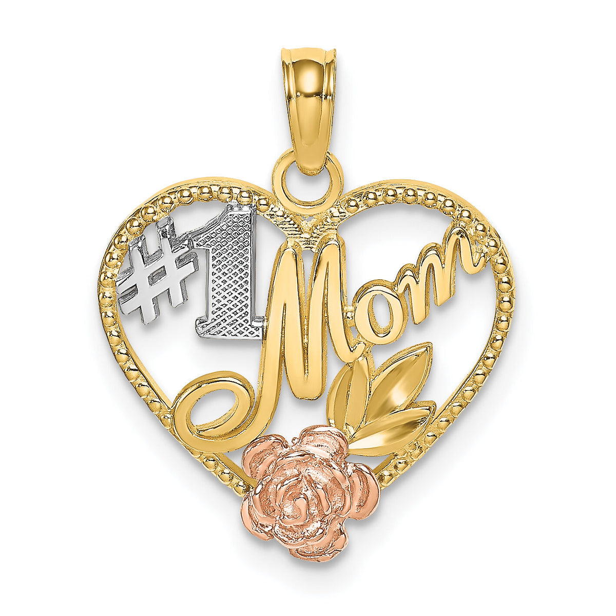 14k Two-tone White Rhodium Textured #1 Mom Heart Charm-K9300