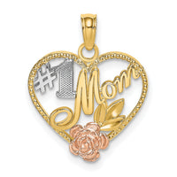 14k Two-tone White Rhodium Textured #1 Mom Heart Charm-K9300