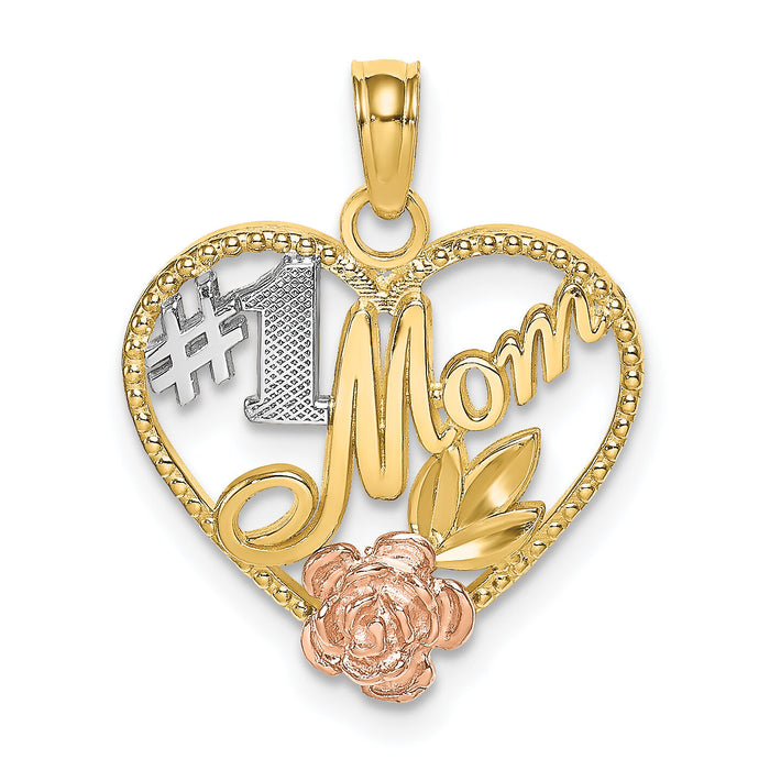 14k Two-tone White Rhodium Textured #1 Mom Heart Charm-K9300