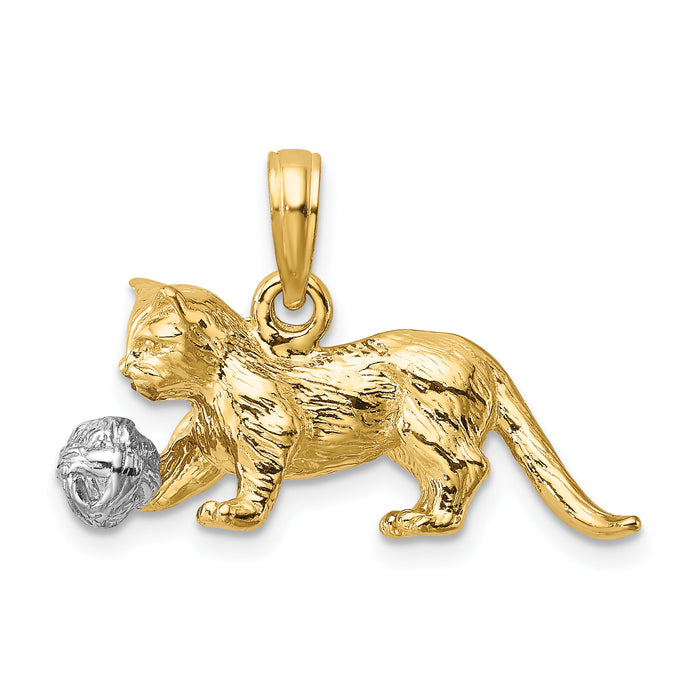 14k Two-Tone 3-D Cat Playing with Moveable Ball Charm-K9319
