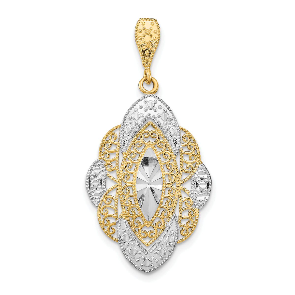 14K w/Rhodium D/C Filigree Oval Charm-K9328