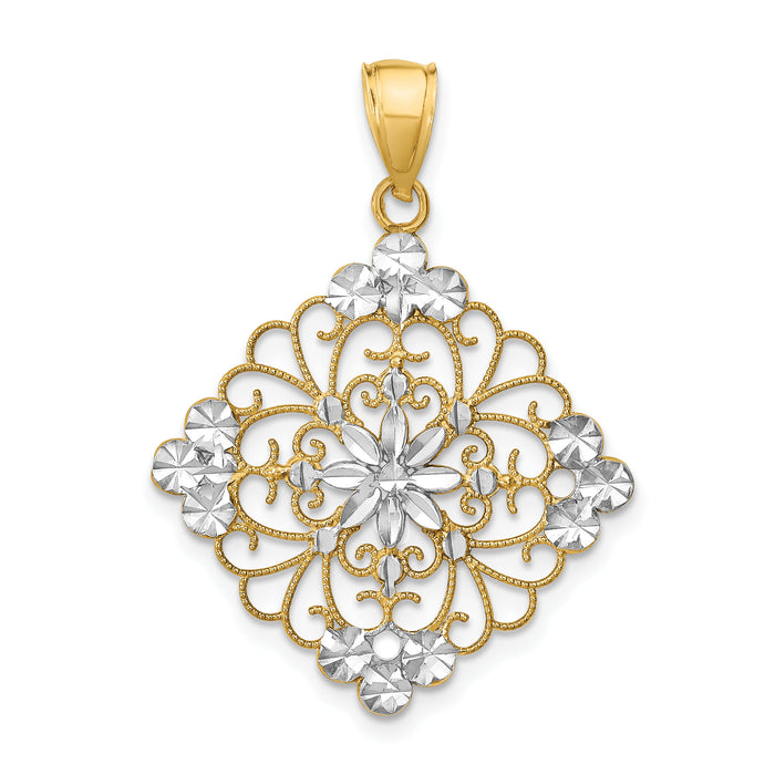 14K w/Rhodium D/C Filigree Medallion Charm-K9338