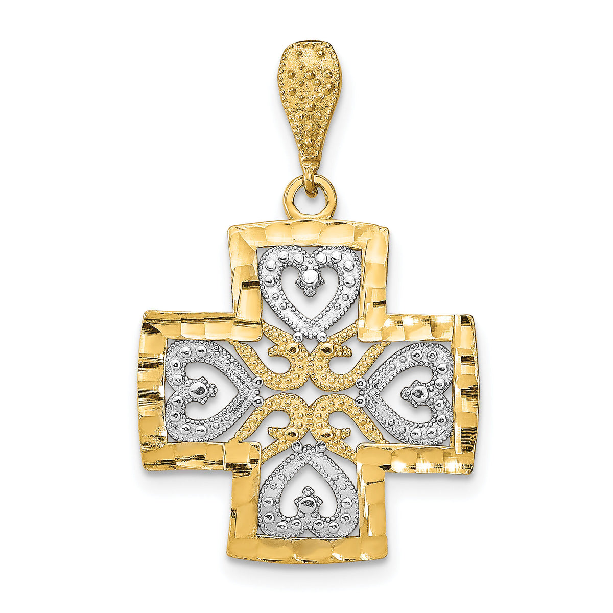 14K w/Rhodium D/C Heart Cross Charm-K9347