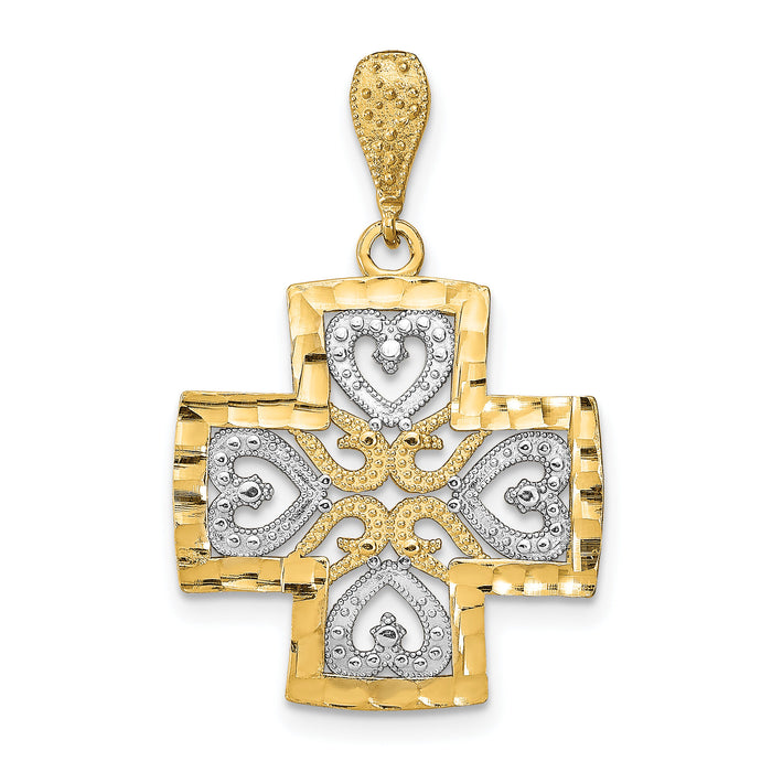 14K w/Rhodium D/C Heart Cross Charm-K9347