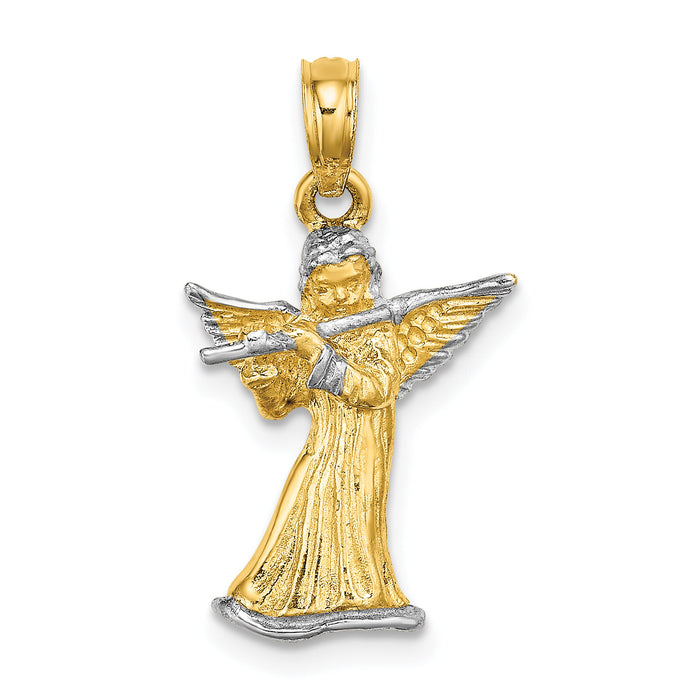 14k w/ White Rhodium 3-D Angel Playing Flute Charm-K9350