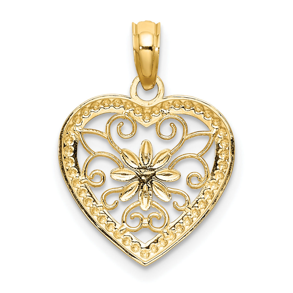 14k w/ Rhodium Textured Heart Flower Filigree Charm-K9360
