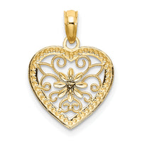 14k w/ Rhodium Textured Heart Flower Filigree Charm-K9360