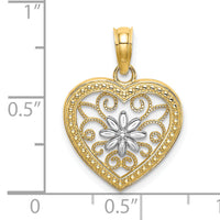14k w/ Rhodium Textured Heart Flower Filigree Charm-K9360