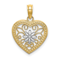 14k w/ Rhodium Textured Heart Flower Filigree Charm-K9360