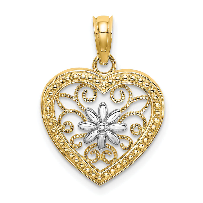 14k w/ Rhodium Textured Heart Flower Filigree Charm-K9360