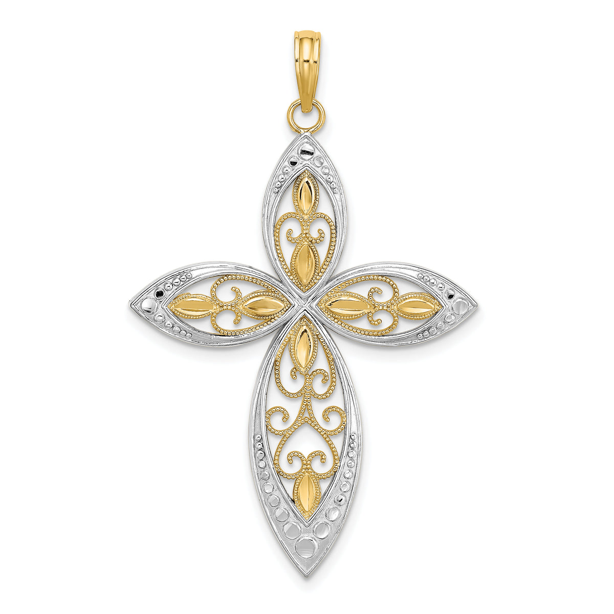 14K W/ Rhodium Beaded Filigree Cross Charm-K9368