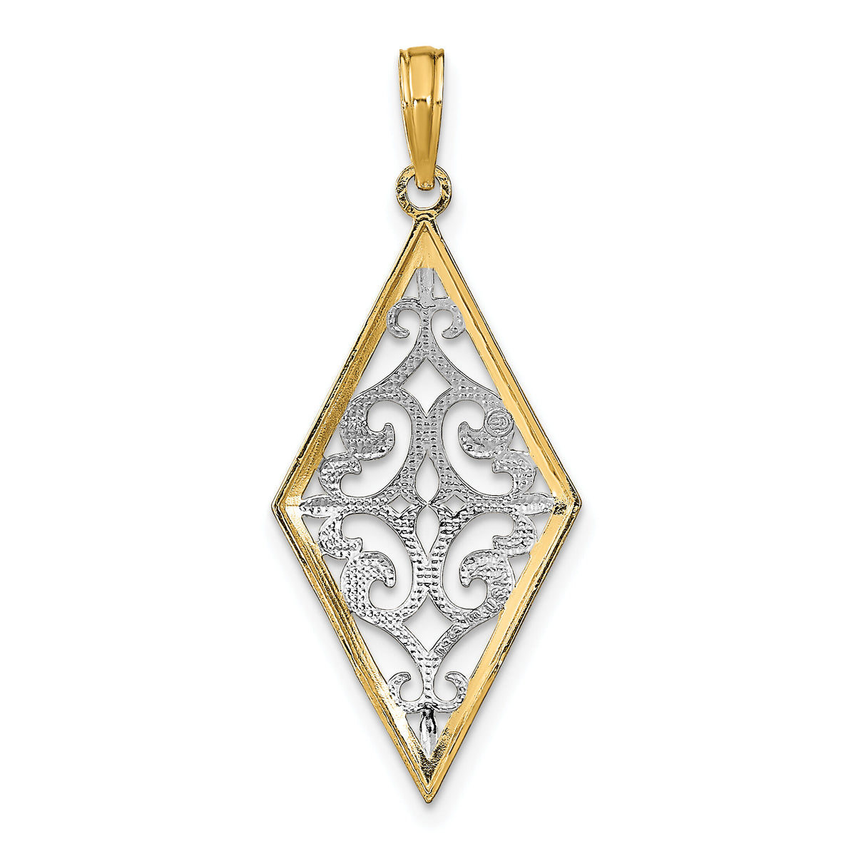 14K w/Rhodium Diamond Shape Cut-Out Filigree Charm-K9373