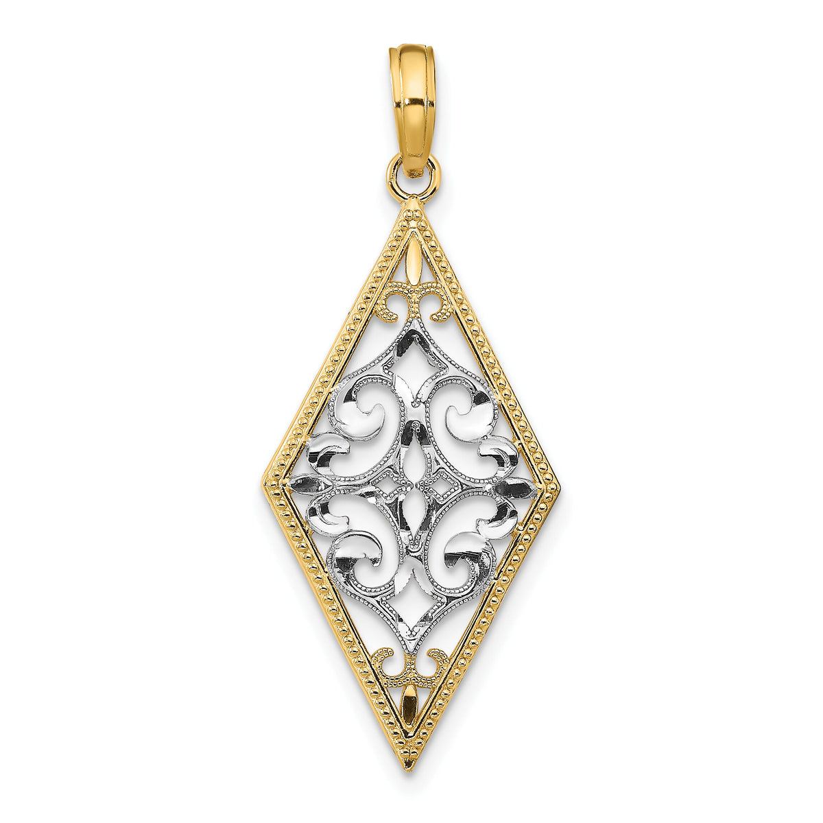 14K w/Rhodium Diamond Shape Cut-Out Filigree Charm-K9373