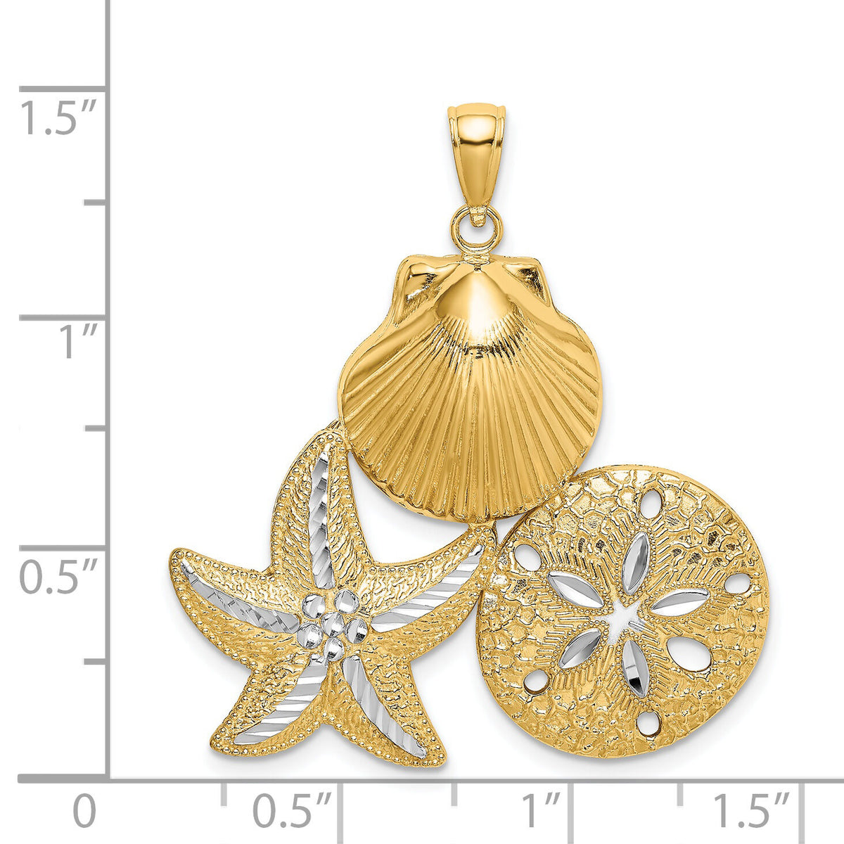14k with White Rhodium Diamond-cut Scallop Starfish Sand Dollar Charm-K9388
