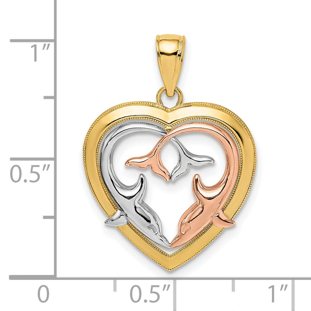 14K Two-Tone w/White Rhodium Dolphins In Heart Frame Charm-K9394