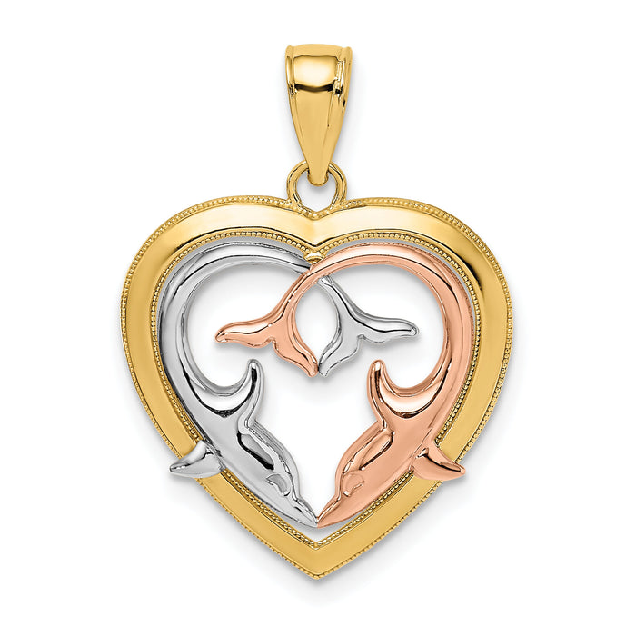 14K Two-Tone w/White Rhodium Dolphins In Heart Frame Charm-K9394
