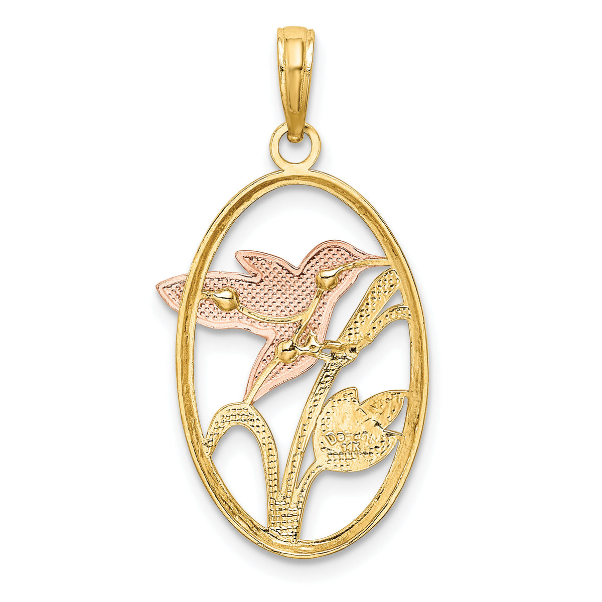14k Two-tone with White Rhodium Hummingbird and Flowers In Oval Frame Charm-K9399