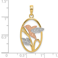 14k Two-tone with White Rhodium Hummingbird and Flowers In Oval Frame Charm-K9399