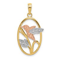 14k Two-tone with White Rhodium Hummingbird and Flowers In Oval Frame Charm-K9399