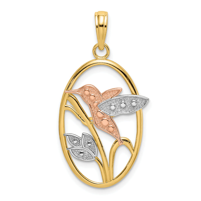 14k Two-tone with White Rhodium Hummingbird and Flowers In Oval Frame Charm-K9399
