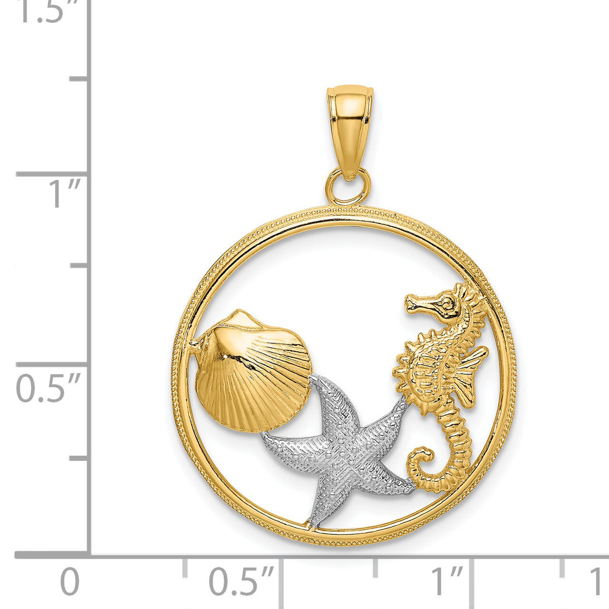 14k with White Rhodium Scallop, Starfish, Seahorse Circle Charm-K9404