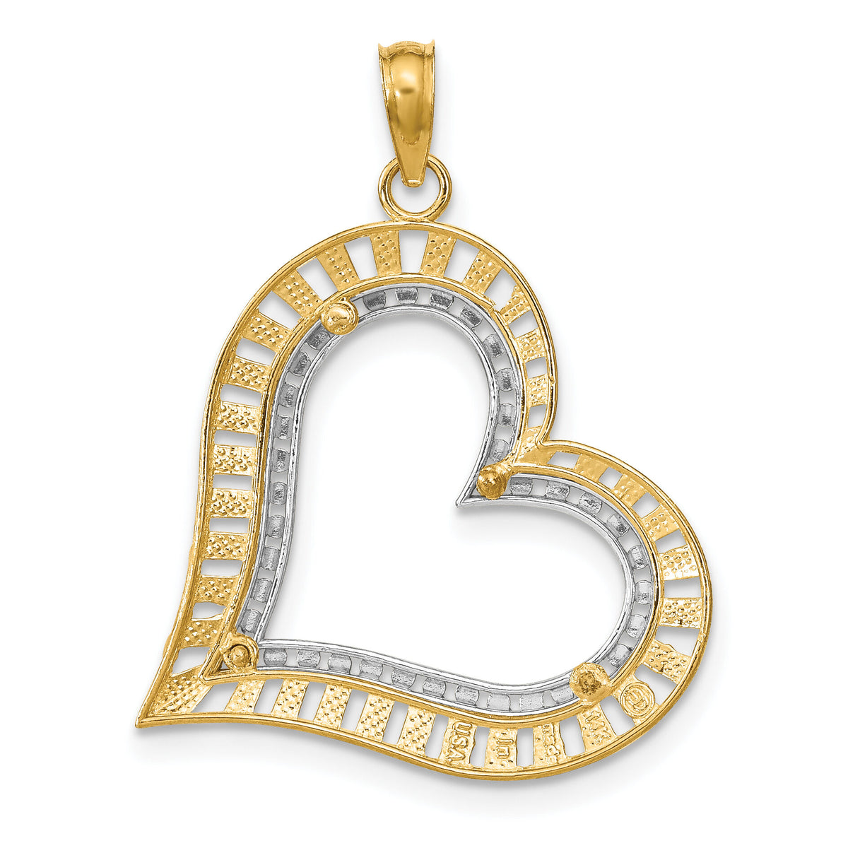 14k w/ Rhodium Diamond-cut Large Tilted Heart Charm-K9409