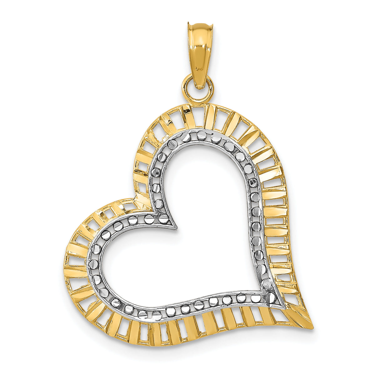 14k w/ Rhodium Diamond-cut Large Tilted Heart Charm-K9409