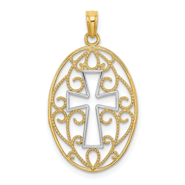 14K w/Rhodium Beaded Filigree Cross Charm-K9412