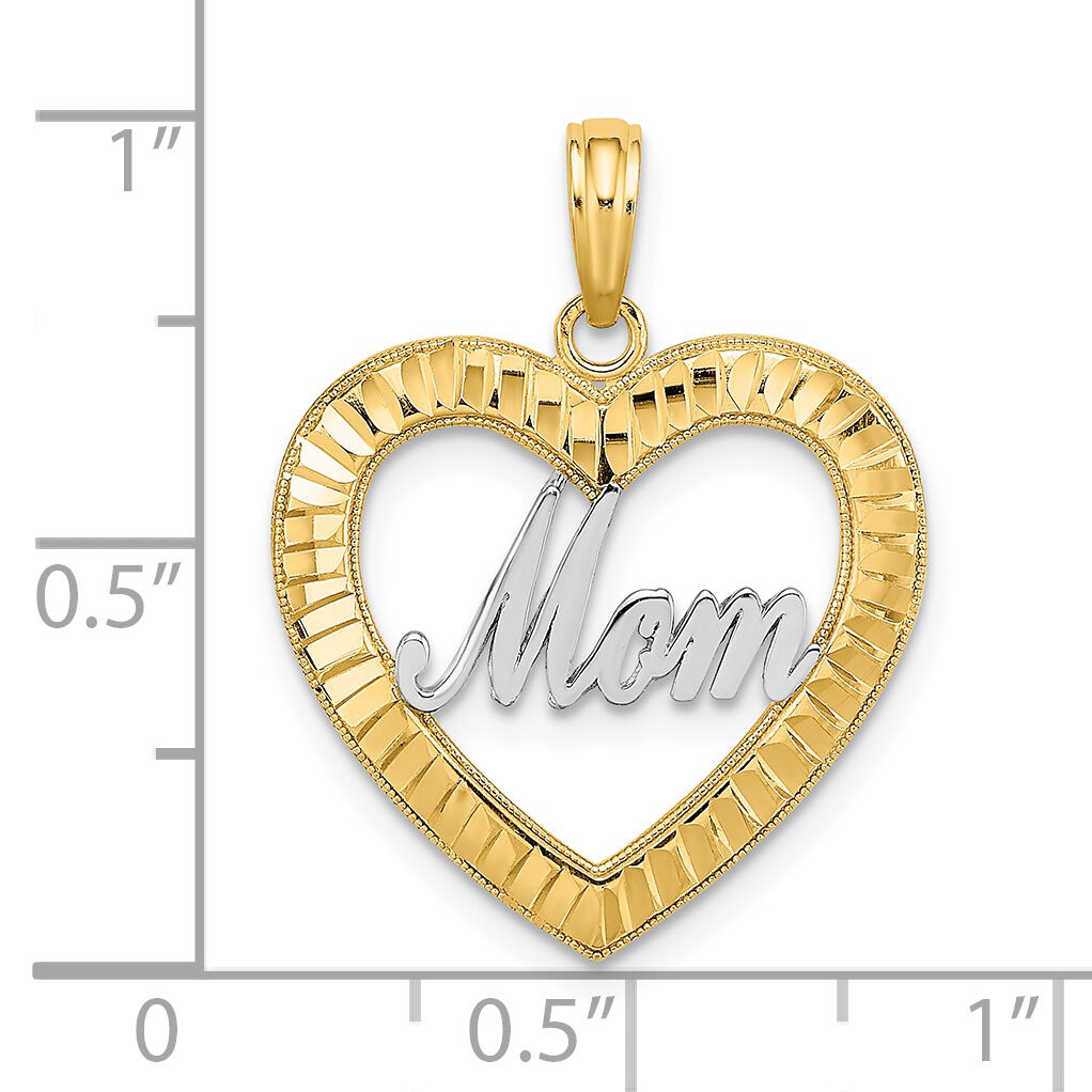 14k w/ Rhodium Diamond-cut Heart MOM Charm-K9416