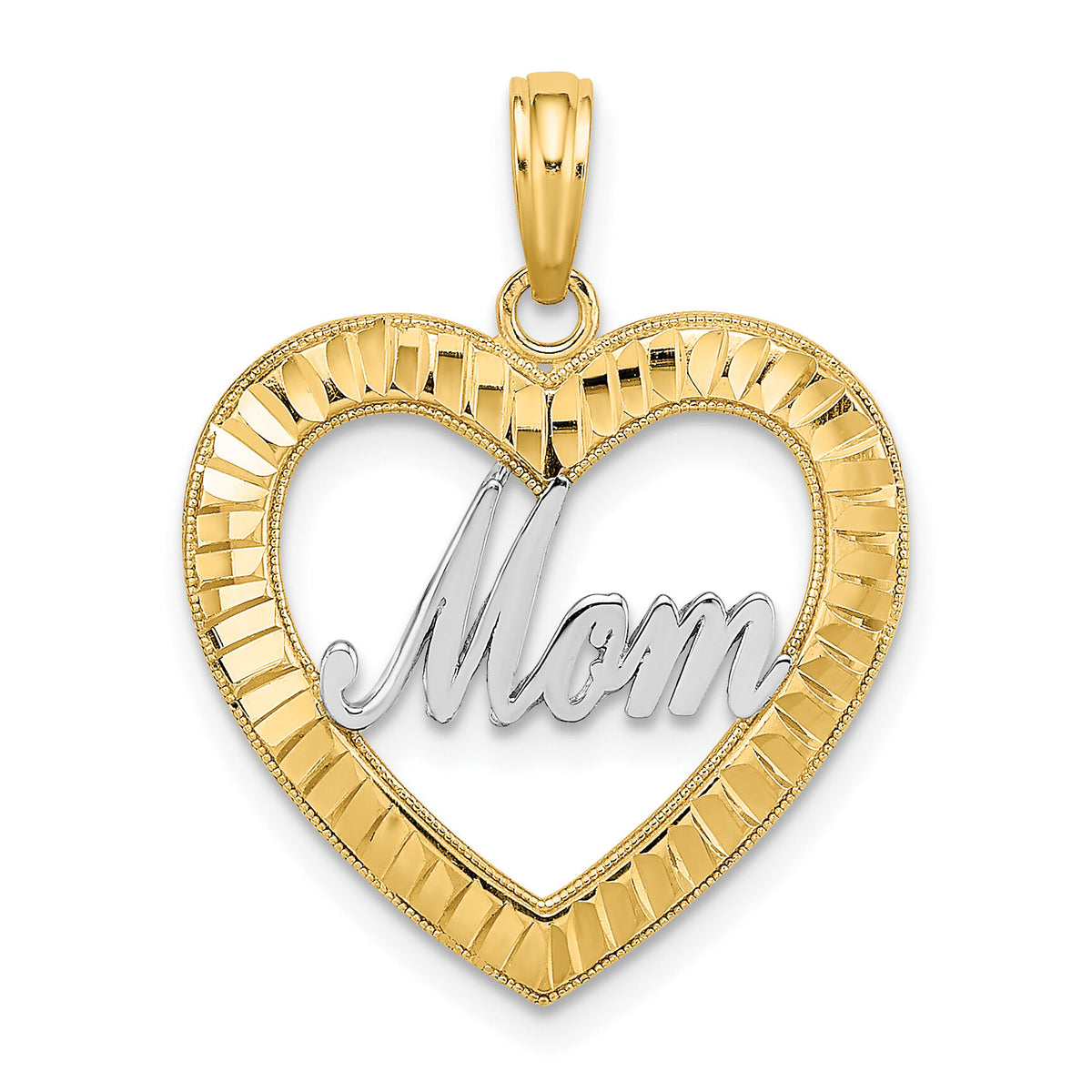14k w/ Rhodium Diamond-cut Heart MOM Charm-K9416