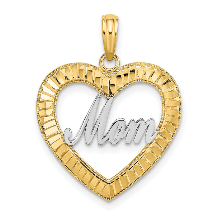 14k w/ Rhodium Diamond-cut Heart MOM Charm-K9416
