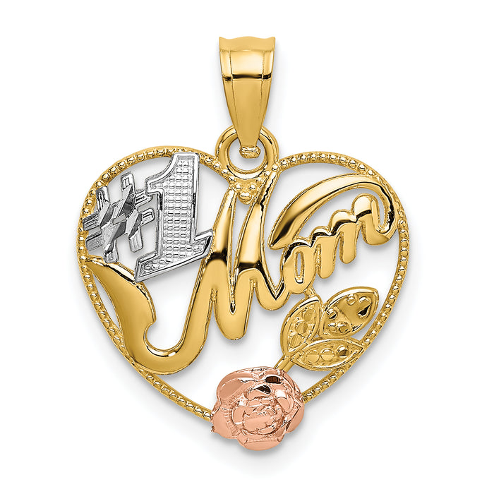 14k Yellow and Rose Gold w/White Rhodium  #1 MOM Heart Charm-K9418