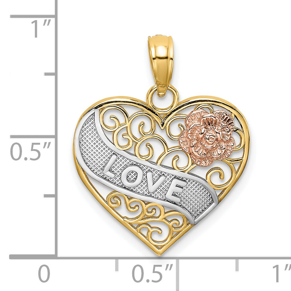 14k Two-tone with White Rhodium LOVE Banner on Filigree Heart Charm-K9419