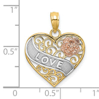 14k Two-tone with White Rhodium LOVE Banner on Filigree Heart Charm-K9419