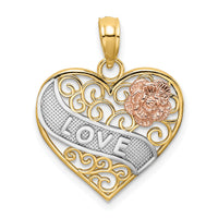 14k Two-tone with White Rhodium LOVE Banner on Filigree Heart Charm-K9419