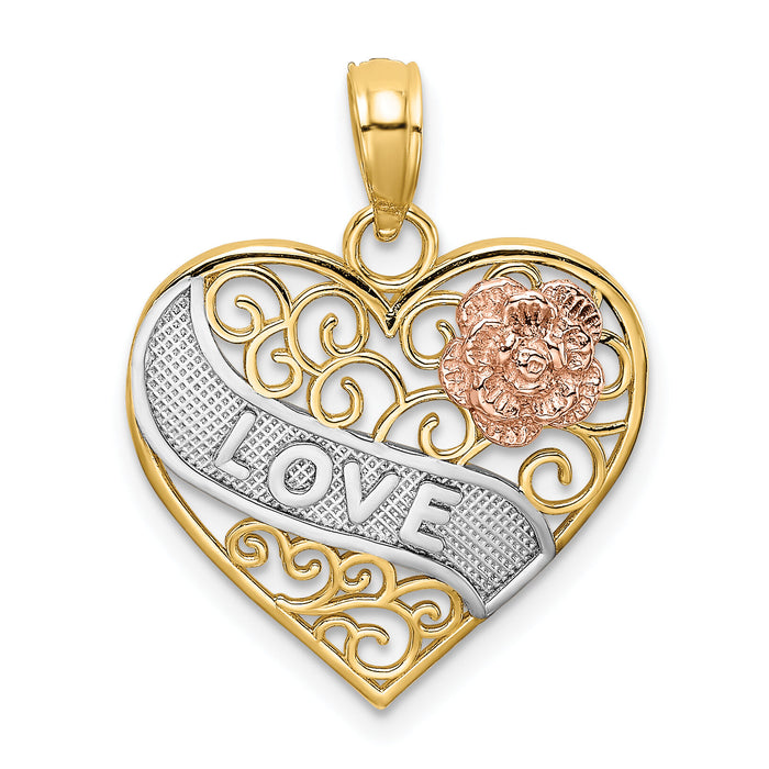 14k Two-tone with White Rhodium LOVE Banner on Filigree Heart Charm-K9419
